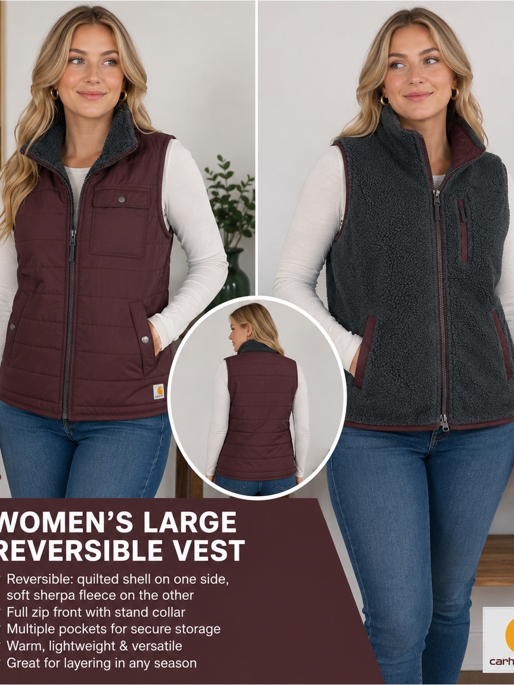 Carhartt Women's Reversible Quilted & Sherpa Vest - Burgundy/Charcoal like new